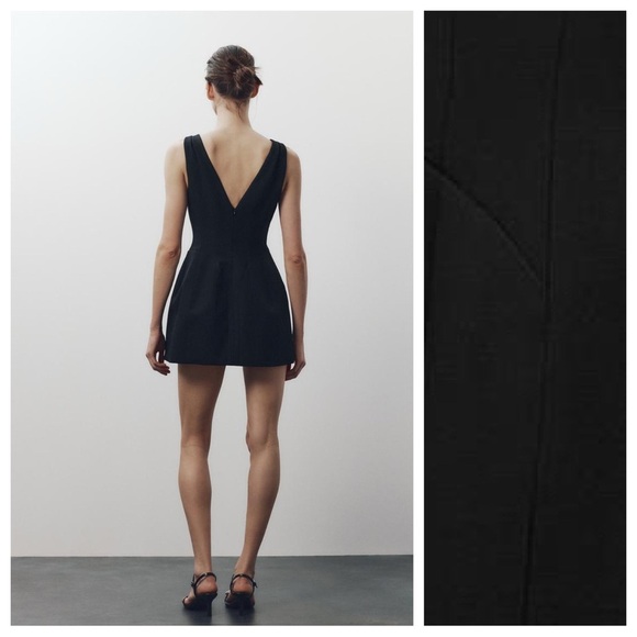 NWT. Zara ZW Collection Black Viscose Blend Voluminous Short V-Neck Dress Size S - Picture 4 of 11